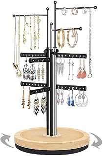 penobon Jewellery Organizer Stand with Wood Base, Height-Adjustable Jewellery Stand, Metal Jewellery Organizer Display Tower for Earrings, Necklaces, Bracelets and Rings (Black)