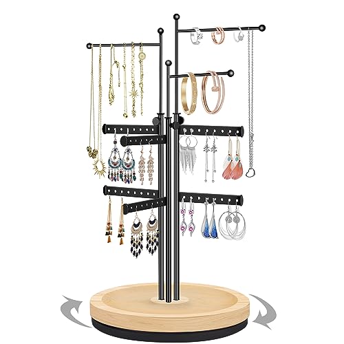 penobon Rotatif Porte Bijoux, Presentoir Bijoux Réglable en Hauteur avec Base en Bois, Support Bijoux en Métal pour Ranger Boucles D'oreilles, Colliers, Bracelets, Montres et Bagues