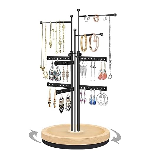 penobon Rotatif Porte Bijoux, Presentoir Bijoux Réglable en Hauteur avec Base en Bois, Support Bijoux en Métal pour Ranger Boucles D'oreilles, Colliers, Bracelets, Montres et Bagues