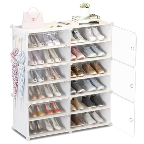 HOMCENT Zapatero con Puerta, Mueble Zapatos Vertical portátil expandibles para Dormitorio Sala de Estar, estantería Modular de plástico(2 x 6 Capas) (Blanco)