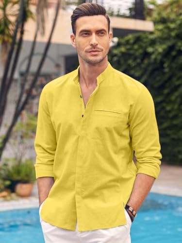 Image of Mens Casual Button Down Shirt | Cotton Luster Long Sleeves Shirts | Mandarin Collared Shirts