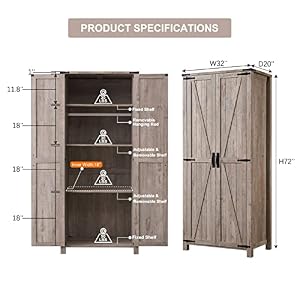 OKD Storage Cabinet 32 Farmhouse Armoire wAdjustable Shelves Rustic Pantry w2 Barn Doors Hanging Rod Versatile Storage for Kitchen Bathroom Laundry or Utility Room Light Rustic Oak