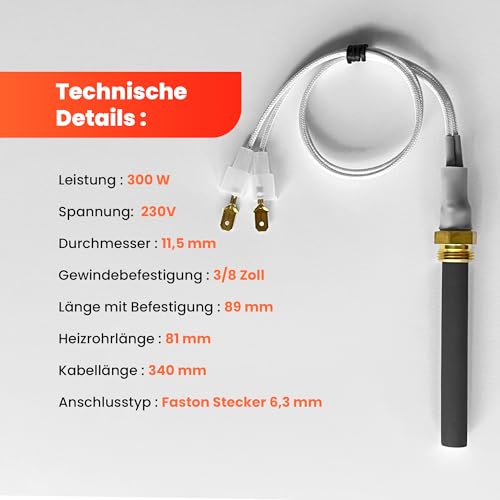 Keramikzünder für Pelletofen - Speziell für NORDICA EXTRAFLAME/SKIA/RAVELLI/DAL ZOTTO - 300 W, 89/94 mm, Ø 11,5 mm, Gewinde 3/8 mit Anschlüssen - PSX 6-240-B -1 Jahr Garantie