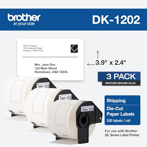 Image of Brother Genuine DK-12023PK Die-Cut Shipping Paper Labels, Long Lasting Reliability, 300 Labels Per Roll, (3) Rolls per Box, White (DK12023PK)