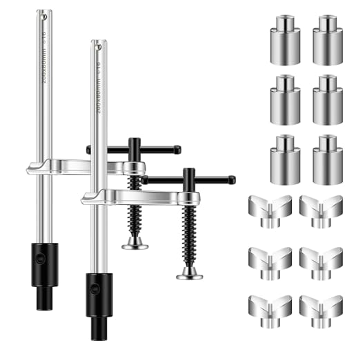 Moxweyeni 2 Pcs Welding Fixture with T-handle 12 Pcs 5/8 Inch Welding Table Fixture Pin Set Maximum Opening Throat Depth 3-1/4 Heavy Duty Clamp V-groove Fixturing for Weld(8-1/2 Inch Sliver)