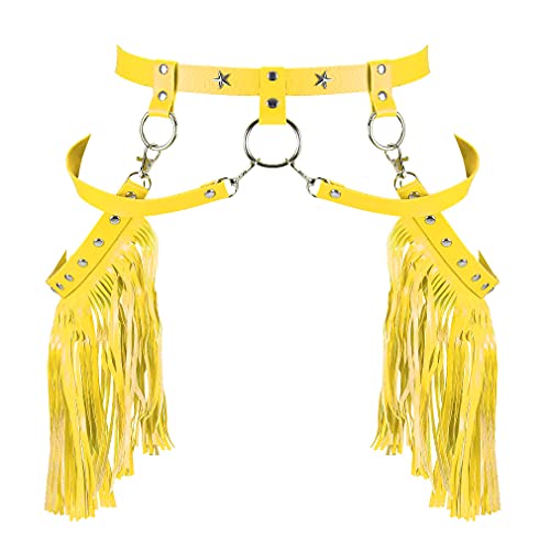 Woman Body Harness Adjustable Dance Clothing Accessories Leg Waist Tassel Gothic Punk Belt (Bright yellow)