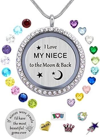 I Love My Niece to the Moon & Back Pendant Necklace,White Gold Plated, Floating Charms Locket for Girls & Teen Girls, Gift from Aunt