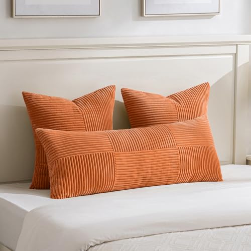 Image of Fancy Homi 2 Packs Orange Euro Decorative Throw Pillow Covers 26x26 Inch for Living Room Couch Bed, Farmhouse Boho Home Decor, Soft Corss Corduroy Patchwork Textured Square Cushion Case 66x66 cm