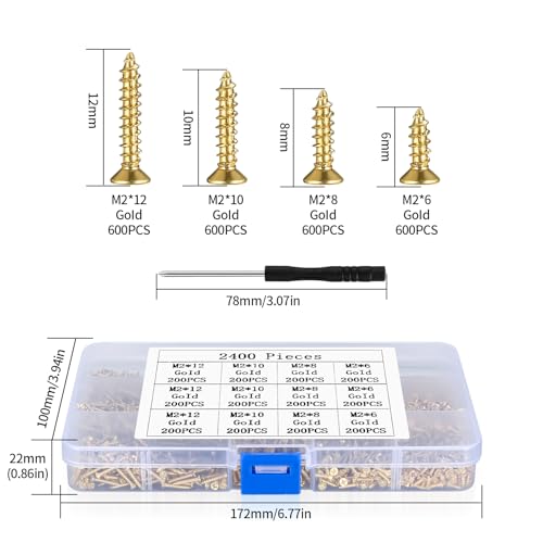 Small Self-Drilling Screws, 2400 Small Wood Screws, Phillips Screws, Flat Head Countersunk Self-Drilling Screws for Electronics DIY Woodworking - Gold - Image 2