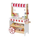 BRINJOY 2 in 1 Ice Cream Cart for Kids, Wooden Grocery Store Playset with Display Shelves, Toddler Pretend Play Toy Food Truck Stand with Wheels &Canopy Gift for Girls Boys