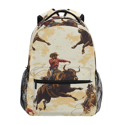Cowboys Riding Bulls Backpack Laptop Tablet Travel School Bag with Name Tag for Boys Girls Teens