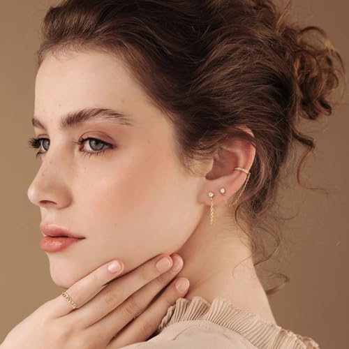 Pencros Ear Cuff Chain Earrings for Women Trendy, 14K Gold Plated Minimalist Chain Diamond Studs Earrings for Women Hypoallergenic Lightweight Stackable Earrings for Women Gift Jewelry4