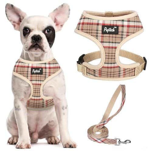 PUPTECK 犬 ハーネス リード セット 犬用 胴輪 はーねす 調節可能 着脱簡単 軽量 メッシュ 通気性 快適 ソフト 反射材付き 引っ張り防止 抜けない 喉に優しい 耐久性 散歩 安全 しつけ用 老犬介護 おしゃれ 小型犬 中型犬 大型犬 （カーキ チェック, Sサイズ）
