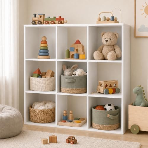 Mueble Soayone Organizador de Juguetes con 9 Cubos, Estantería Infantil Blanca para Juguetes y Libros con 5 Paneles Traseros Configurables, 93 x 29,5 x 93