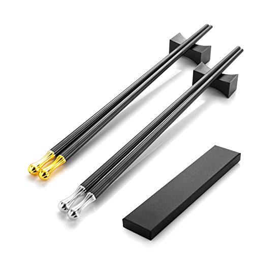 2 paia di bacchette giapponesi in lega di colore oro e argento, con 2 ripiani per bacchette in acciaio inox, con supporto, set regalo di posate cinesi, posate asiatiche, con confezione regalo
