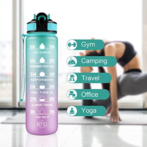 Sports Water Bottle, [1 Litre] Spopal Water Bottle with Motivational Time Marker & Straw, BPA Free Tritan Non-Toxic Plastic Drinking Bottle with Cleaning Brush for Outdoor, Cycling, Gym & Camping