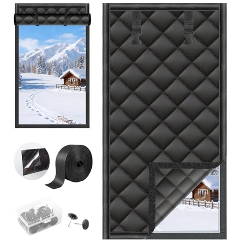 Window Insulation for Winter Insulated Window Cover Thermal Curtains Weatherproofing Insulated Curtains Cover with Outer Oxford Cloth Thicken Cotton Layer for Home RV Basement (47'x 63', Black)