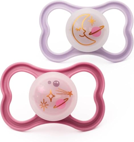 MAM Air Night Soothers | 6-18 Months | 2 Pack | Glow in The Dark Dummies | Comes in Dummy Steriliser Case | Baby Accessories | Pink/Lilac (Various Designs)