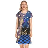 Nexawaveo Camisones de manga corta para mujer, diseño de dibujos animados, para dormir, tallas S-2XL, Pavo real azul marino negro a cuadros, XXL