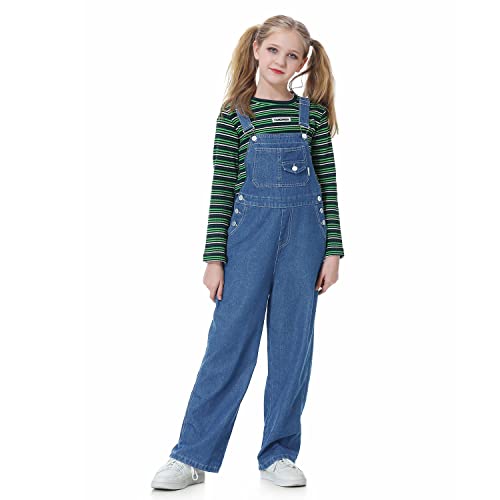 Rolanko Mädchen Kinder Jeans Latzhose Jumpsuit Lange Hose Overall mit Verstellbaren Hosenträgern, Blue Button, Größe:140