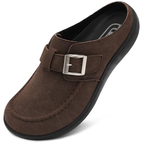 JOINFREE Womens Wide Suede Clogs Zero Drop Potato Shoes Diabetic Mules for Swollen Edema Comfort Slip on Sandals with Adjuatable Buckle Indoor & Outdoor Use Coffee Size 11