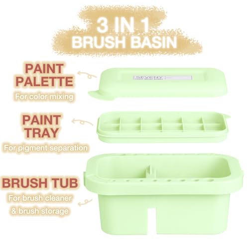 Image of SEVENY Paint Brush Washer Basin with Lid, Green | Artist Brush Cleaning Container, Includes Sponges, For Oil Painting, Acrylic, Watercolor, Studio Organizer