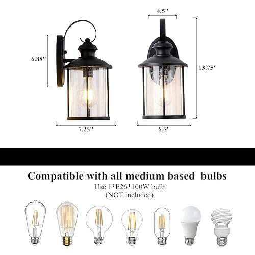 Image of MICSIU 13.75 inch Matte Black Farmhouse Outdoor Wall 1 Pack | Clear Seedy Glass, Anti-Rust, Outside Porch Light For House, Porch, Garage, Front Door