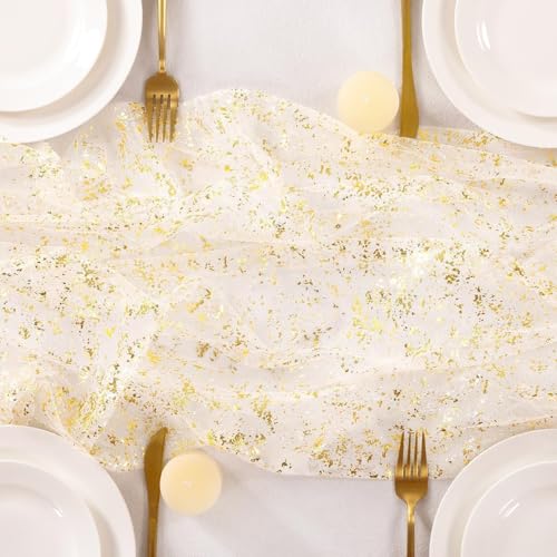 Image of Beige Gold Glitter Table Runner Sheer Gauze Foil Table Runner, 3PC