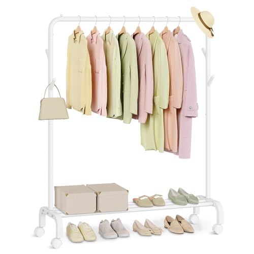 SONGMICS Burro para Ropa, con Ruedas, Perchero Burro con Barra, Tubo de Acero, Carga de 50 kg, Ancho de 102 cm, Almacenaje Multifuncional, Blanco HSR131W01
