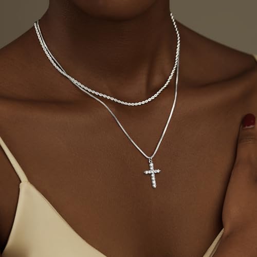 Gold Layered Necklaces for Women 14K Gold Silver Plated Cross Necklace for Women Stackable Herringbone Choker Twisted Rope Chain Cross Pendant Necklace Trendy Waterproof Non Tarnish Christmas Faith Gifts4