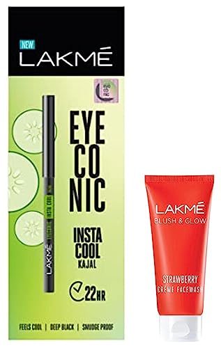 Image of LAKME Strawberry Creme Face Wash, 100g & Lakme Eyeconic Insta Cool Kajal, Black, Cooling Kohl Liner with Cucumber, Twist Up Pencil - Waterproof, Smudge Proof & Long Lasting Eye Makeup, 0.35 g