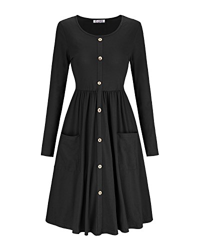 KILIG Women's Dresses Long Sleeve Casual Button Down Swing Dress with Pockets(D2-Black,XX-Large)