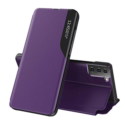 LEYAN Coque pour Samsung Galaxy S21 Plus 5G (6.7')/(S21+), Prime Étui Housse à Cuir PU Rabat avec Clear Afficher Fenêtre, Flip Smart View Case Cover avec Support Pliable, Violet