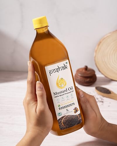 Image of Poshak Cold Pressed Mustard Oil 1L | Wood Pressed | Kachi Ghani /Kolhu /Chekku | Unrefined & Chemical-Free | Pure & Natural Healthy Mustard Cooking Oil | Ideal for All Types of Cooking (Black Mustard)