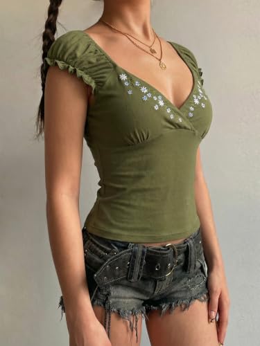 Image of EMMIOL Y2K Fairy Grunge Short Sleeve Shirts for Women Vintage Floral Graphic V Neck Cute Going Out Tops Emo Summer Tee