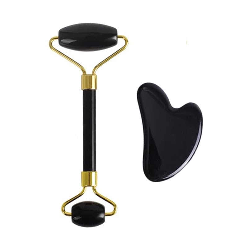 Juego de 2 rodillos de jade de obsidiana de cuarzo rosa natural, juego de piedras Gua Sha, raspador de amatista, herramientas para el cuidado de la piel