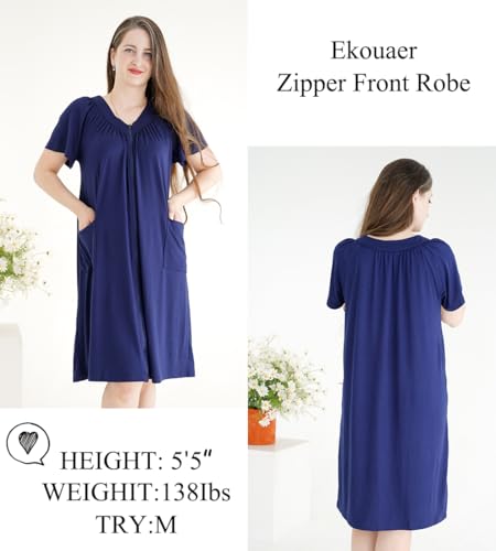 Image of Ekouaer Women Robe Zipper Front Mumu Duster Robes Zip Up Housecoat Soft Sleepwear with Pockets