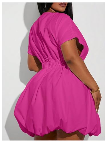Image of WDIRARA Women's Plus Size Deep V Neck Bubble Dress Short Sleeve A Line Mini Dresses