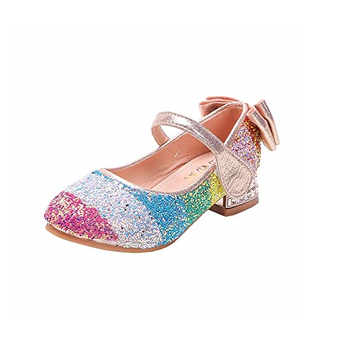 Little Girls Rainbow Sequin Dance Shoes Children Crystal Heels Single Shoes (Pink,12.5)