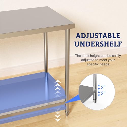 Image of Garvee Stainless Steel Table, 48 inch x 24 inch NSF 2 Tier Prep Table with Adjustable Foot & Under Shelf, Heavy Duty Commercial Worktable for Restaurant, Home, Kitchen, Indoor, Outdoor