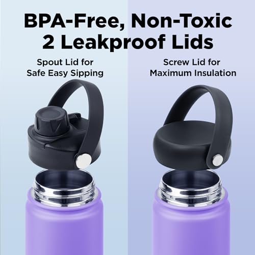 Image of ThermoProof Double-Walled Vacuum Insulated Stainless Steel Water Bottle - Wide Mouth with Chug & Spout Lids, Dishwasher Safe, Reusable, Leakproof, Hot & Cold for Men, Women & Kids - 22oz, Lavender