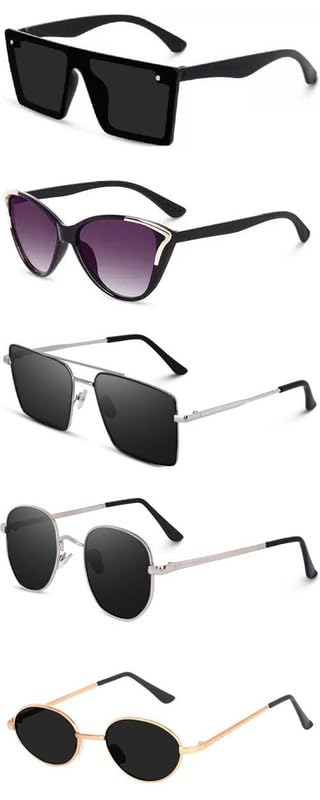 Unisex combo offer pack of 5 shades Unisex Fashion Sunglasses Set, 5 Pairs, Metal Frame, Black and Silver - Combo5-12794-image-36