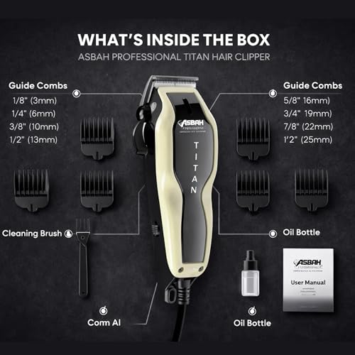 Image of ASBAH Professional Titan Hair Clipper for Men & Women - Precision Stainless Steel Blades, 8 Guide Combs (3mm-25mm), Adjustable Thumb Lever, Corded Grooming Tool with One-Year Warranty - Made in India