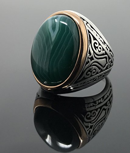 KAR 925K Stamped Sterling Silver Special Green Agate Men's Ring K52E3