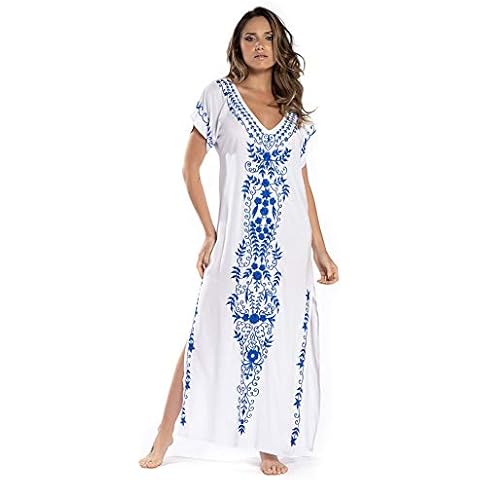Lazz1on Women's Kaftan Beach Dress Pareo Elegant Maxi Dress Beach Poncho Loose Smock Summer Bikini Coverups - White - UK 6 Cover