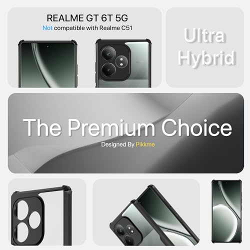 Image of Pikkme Realme GT 6T 5G Back Cover | Crystal Clear Transparent Back | Ultra Hyrbid | Full Camera Protection | Raised Edge | Bumper Back Case (Black)