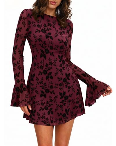 BTFBM Women Floral Wedding Guest Dress Fall 2025 Casual Long Sleeve Crew Neck Flowy Party Cocktail Mini Dresses