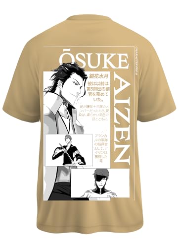 Image of Yume Men's Oversized Aizen Sosuke Anime Printed T-Shirt | 240 GSM Cotton Crew Neck Tee | Lavender & Black Beige Dual-Tone | Bleach Villain Merch | Long Length Drop Shoulder Streetwear (Black)