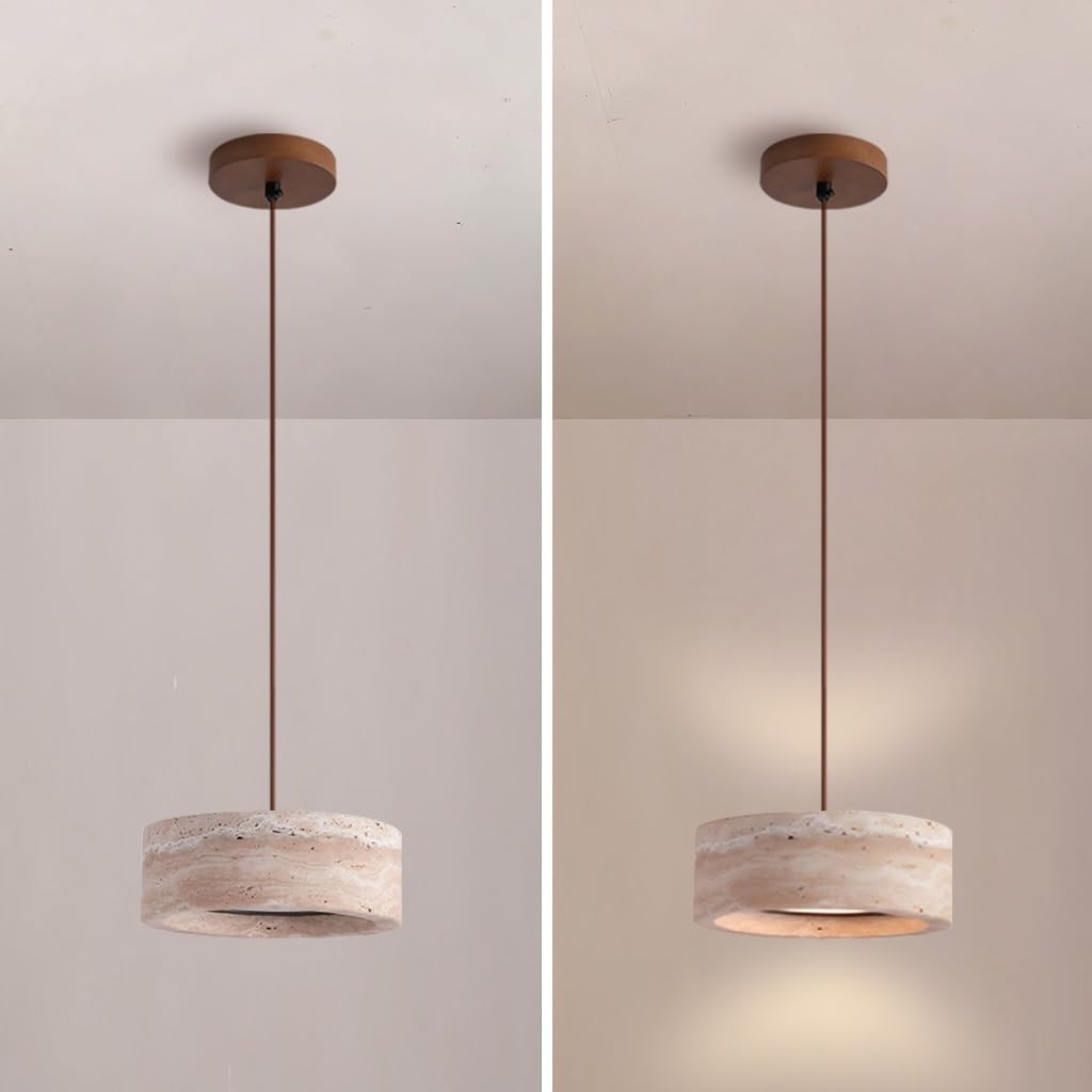 Moderne Gelbe Travertin Pendelleuchte Nordische Naturstein Hängelampe In Zylindrischer Form LED Holz Deckenleuchte Wabi-Sabi-Stil Geeignet Für Schlafzimmer Esszimmer Kücheninsel Wohnzimmer(A2)