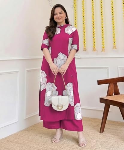 Image of ANNI Designer Women Viscose Blend Straight Fit Printed Kurta Palazzo Set | Mandarin Neck Outfit | Lightweight Breathable Fabric | Comfortable Elegant Styling for Office Casual Wear